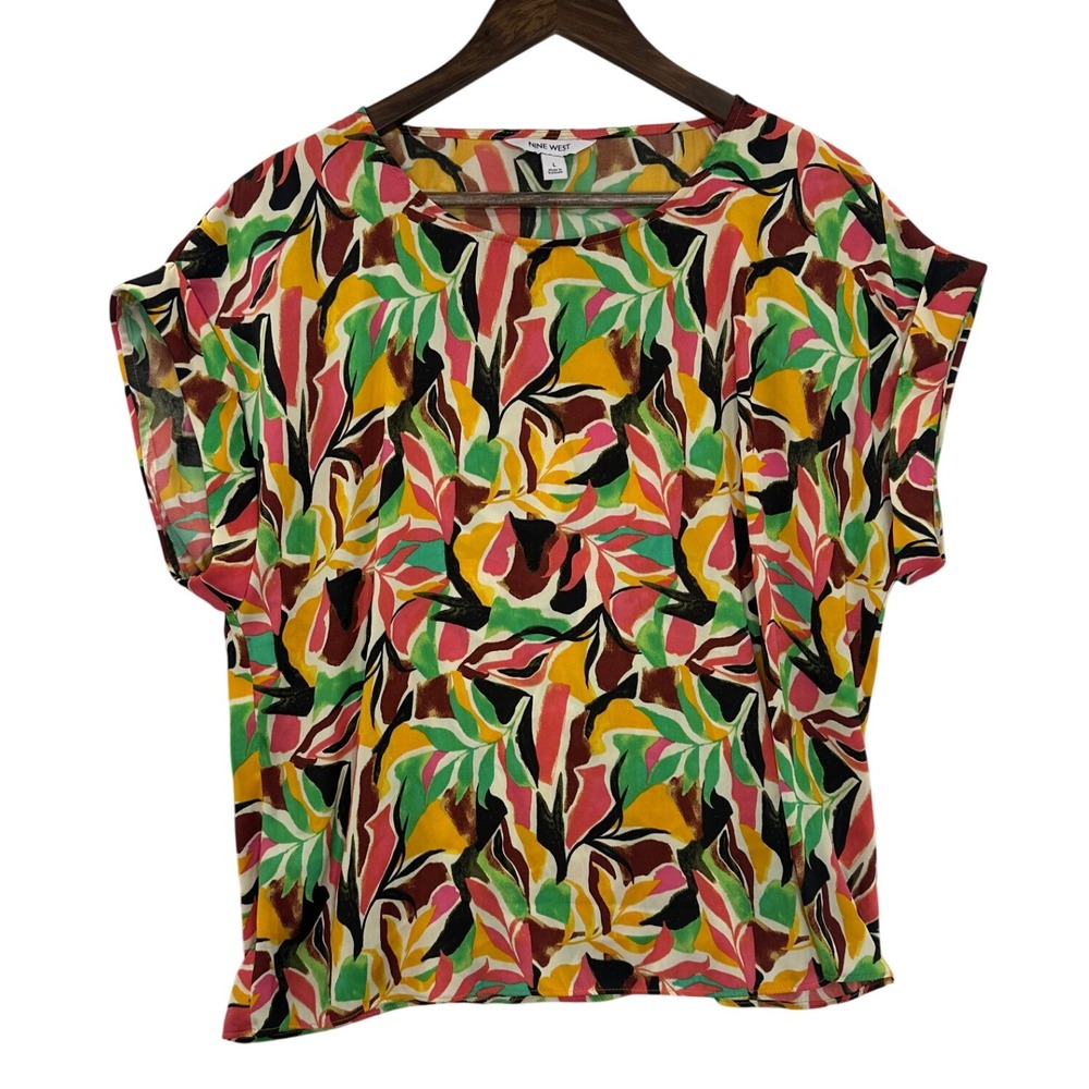 Nine West Colorful Leaf Print Top Short Sleeve Blouse‎ Casual L